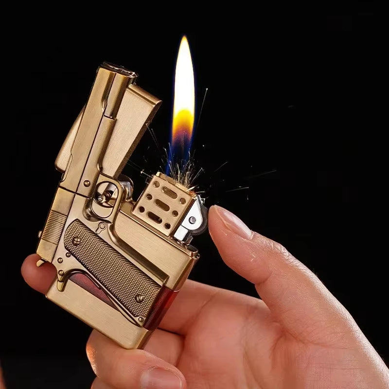 Metal Gas Pistol Shape Lighter Transparent Oil Tank Retro Grinding Wheel Cigar Windproof Lighter
