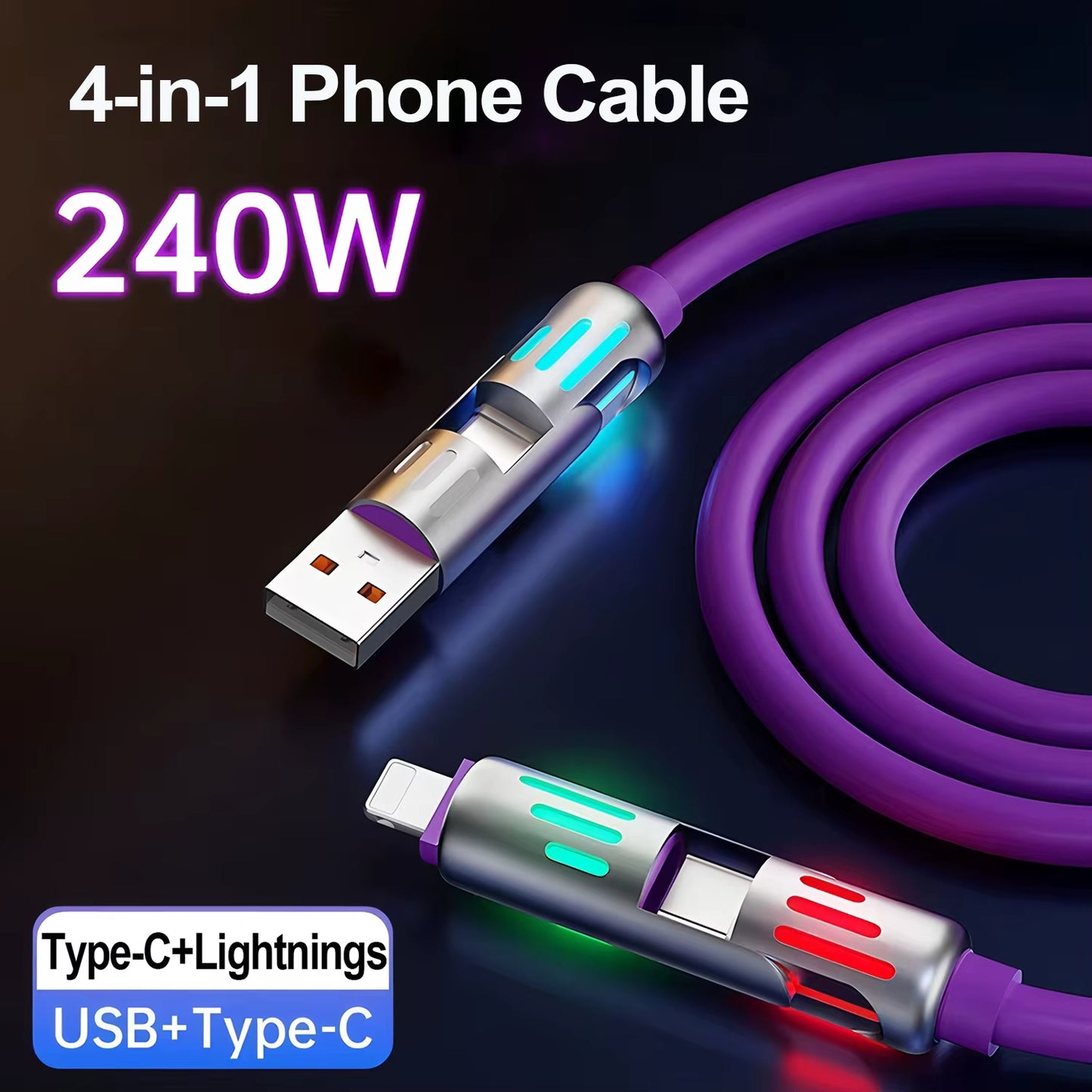 4 in 1 Data Cable 240W Fast Charging USB C Lightning Micro USB Type C Cable