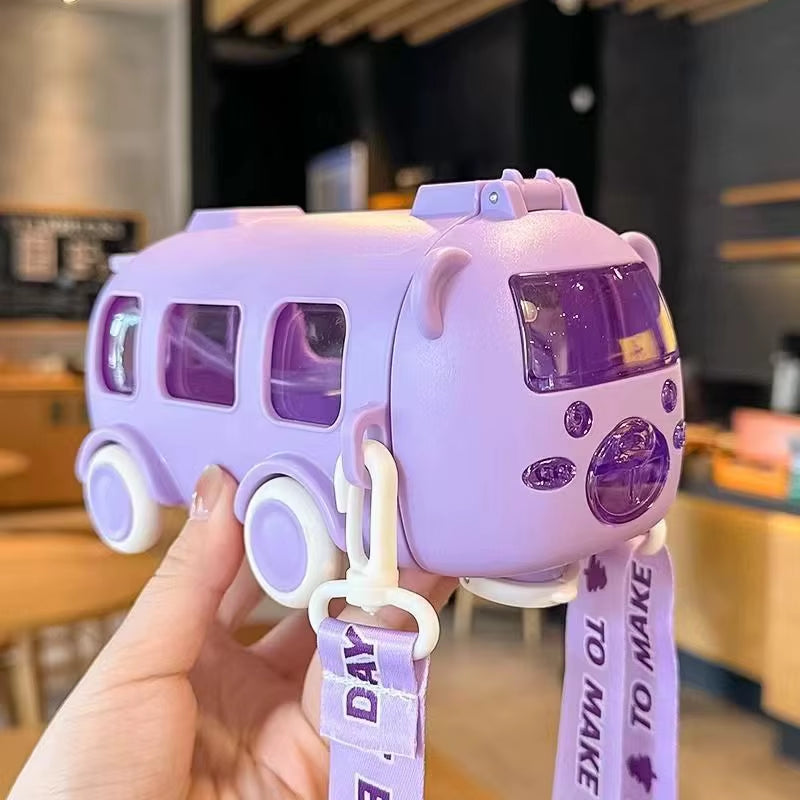 500ML Bus Shape Cartoon Water Cup with Movable Wheels & Strap Plastic Drinking Bottle Leakproof for Home Travel