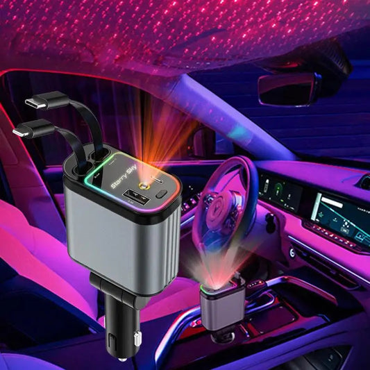 4 in 1 Fast Charging Car Charger with LED Ambient Light | Dual USB Port | Universal Car Mobile Charger | car charger with starlight