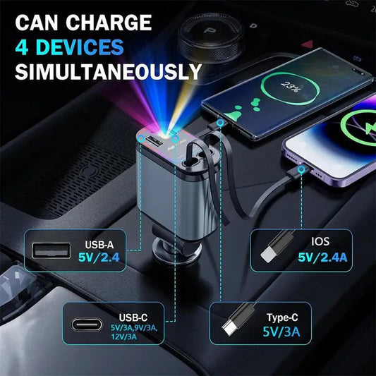 4 in 1 Fast Charging Car Charger with LED Ambient Light | Dual USB Port | Universal Car Mobile Charger | car charger with starlight