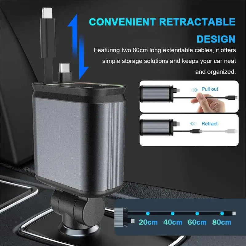 4 in 1 Fast Charging Car Charger with LED Ambient Light | Dual USB Port | Universal Car Mobile Charger | car charger with starlight