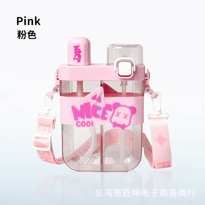 Portable Separate Storage Double Cup Children's Water Cup Student School Special Plastic Water Bottle Straw Cups High Aesthetic