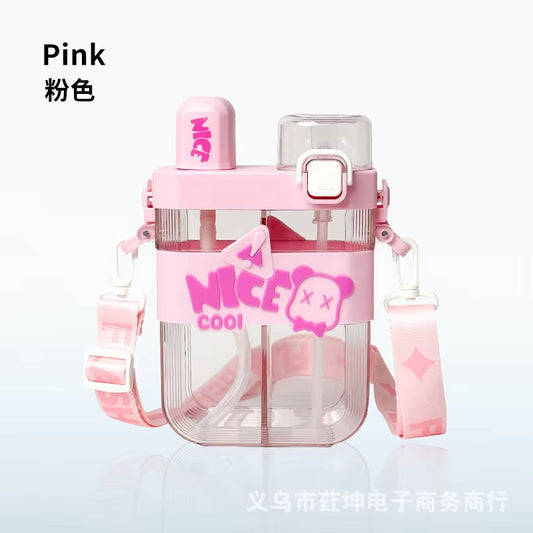 Portable Separate Storage Double Cup Children's Water Cup Student School Special Plastic Water Bottle Straw Cups High Aesthetic