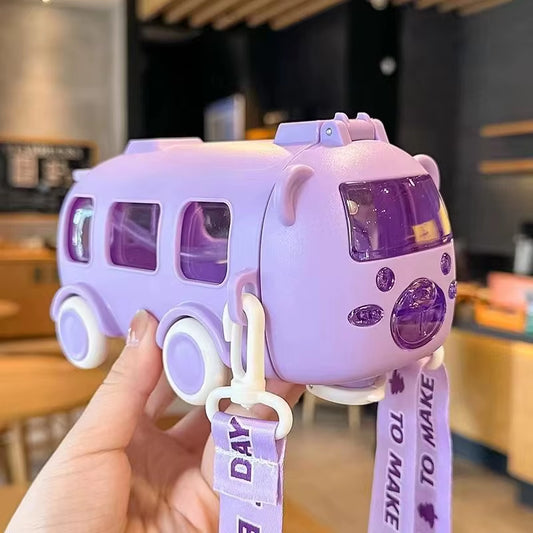 500ML Bus Shape Cartoon Water Cup with Movable Wheels & Strap Plastic Drinking Bottle Leakproof for Home Travel