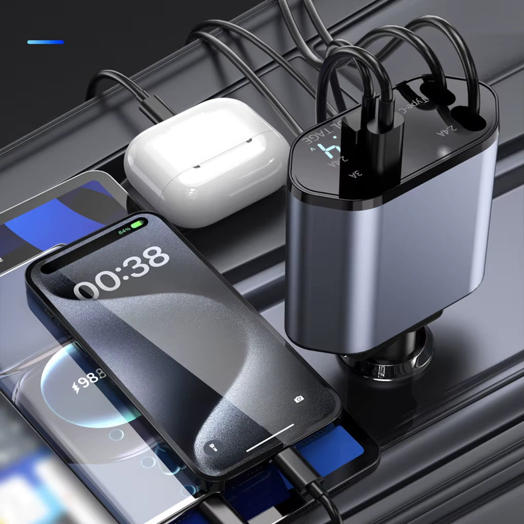 4 IN 1 Retractable Car Phone fast Charger 120W Car Charger USB C Cable
