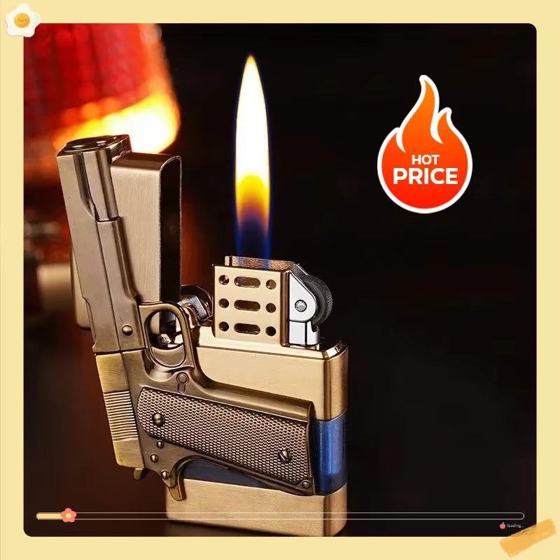 Metal Gas Pistol Shape Lighter Transparent Oil Tank Retro Grinding Wheel Cigar Windproof Lighter