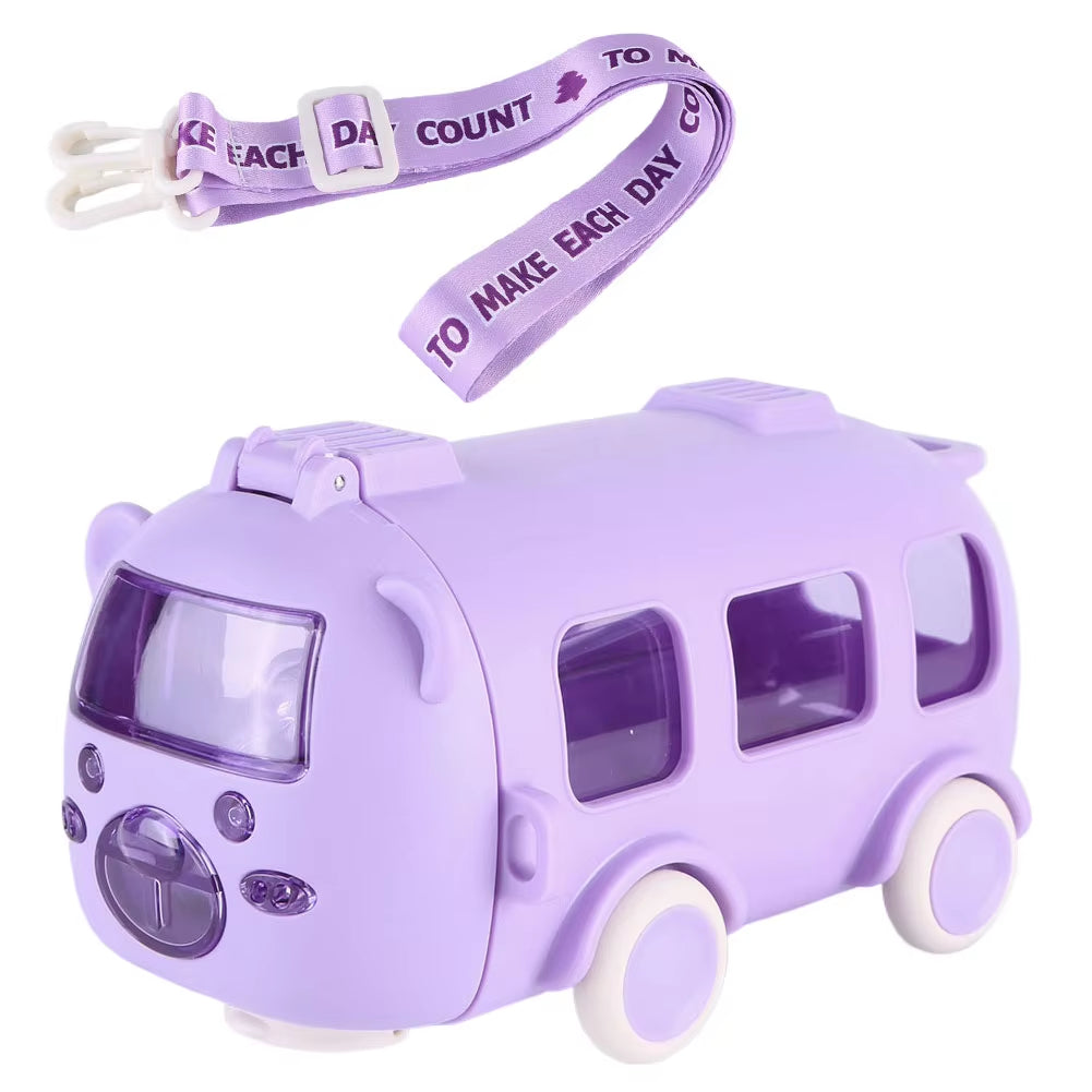 500ML Bus Shape Cartoon Water Cup with Movable Wheels & Strap Plastic Drinking Bottle Leakproof for Home Travel