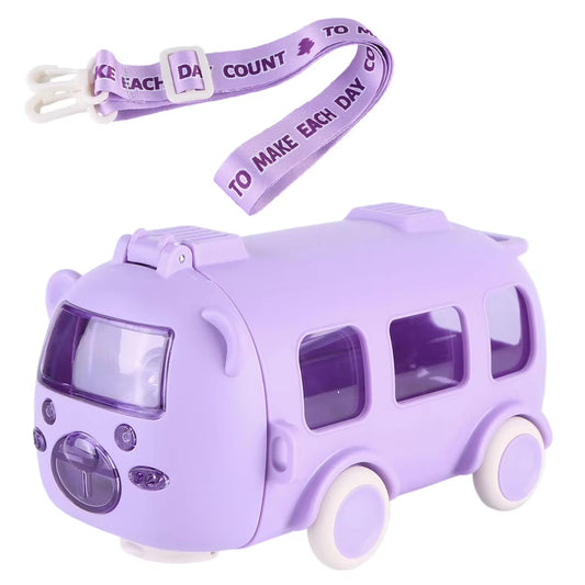 500ML Bus Shape Cartoon Water Cup with Movable Wheels & Strap Plastic Drinking Bottle Leakproof for Home Travel