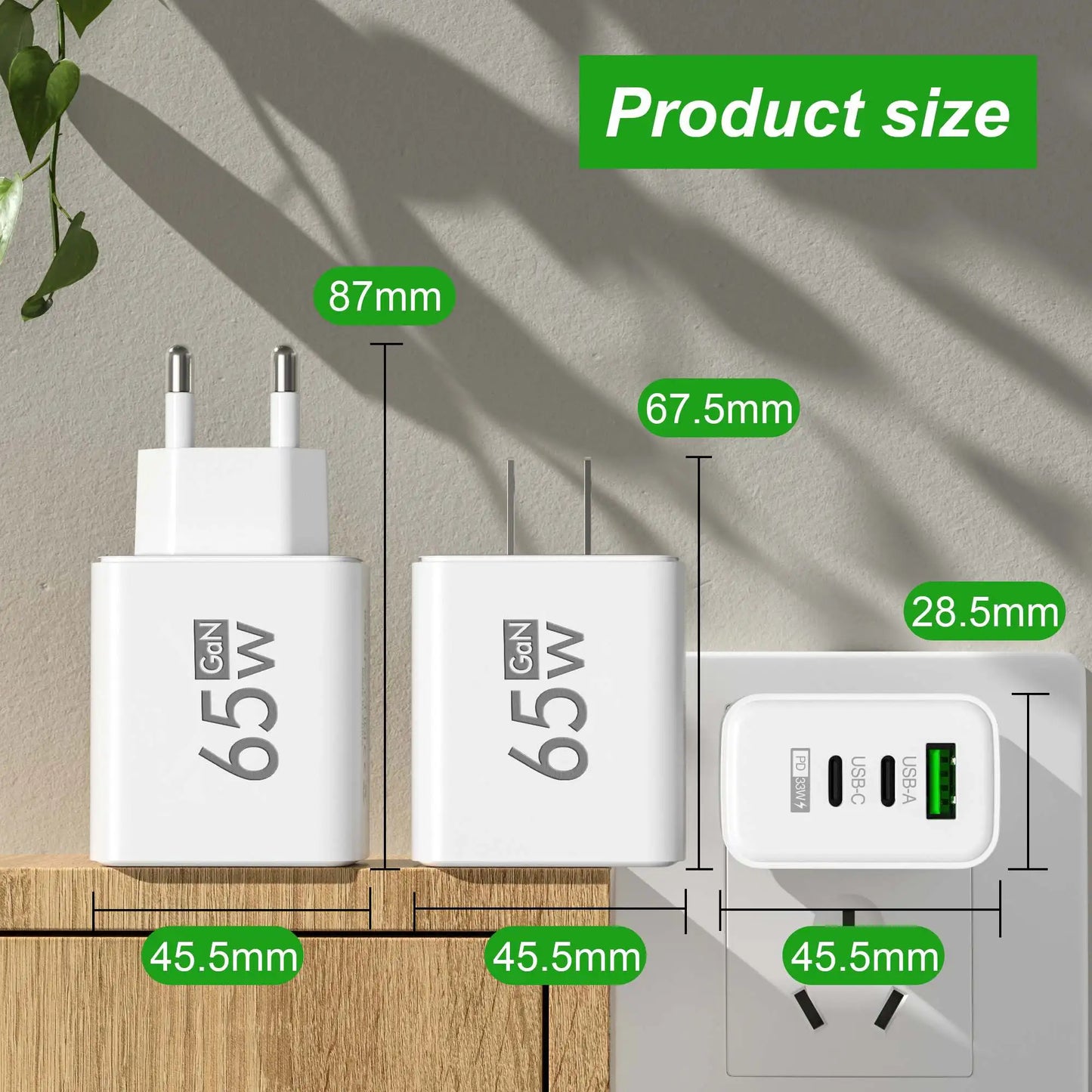 Total 65W GaN USB Charger Type C PD 3 Ports Charging Cellphone Adapter Charge 3.0 For iPhone