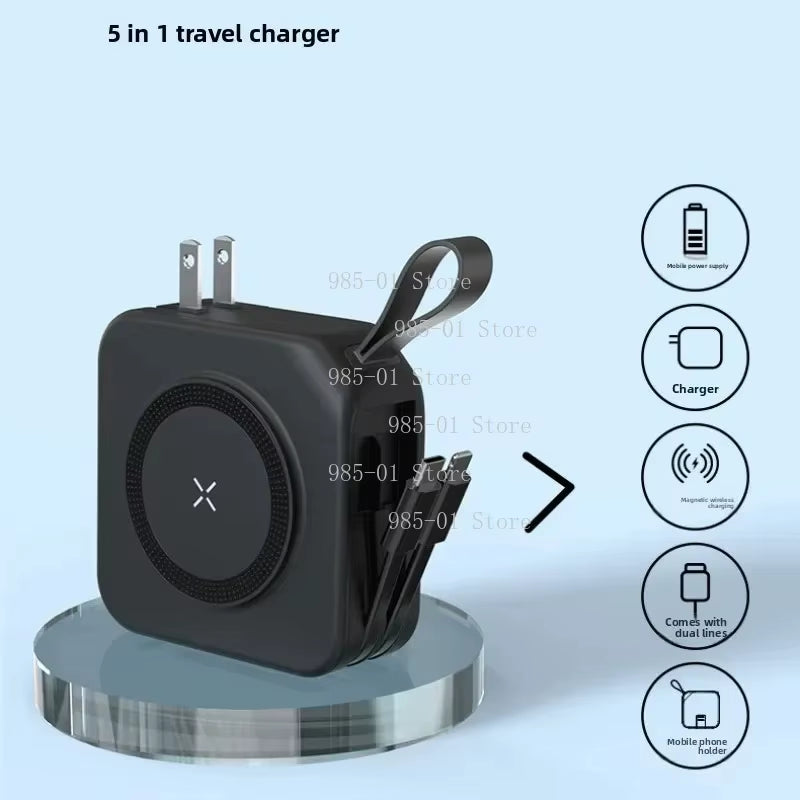 5-in-1 Mobile Power Supply 22.5W Fast Charging Magnetic Wireless Power Bank AC Wall Plug-i 20000MAH