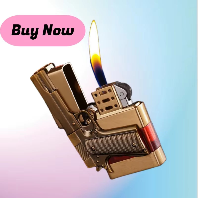 Metal Gas Pistol Shape Lighter Transparent Oil Tank Retro Grinding Wheel Cigar Windproof Lighter