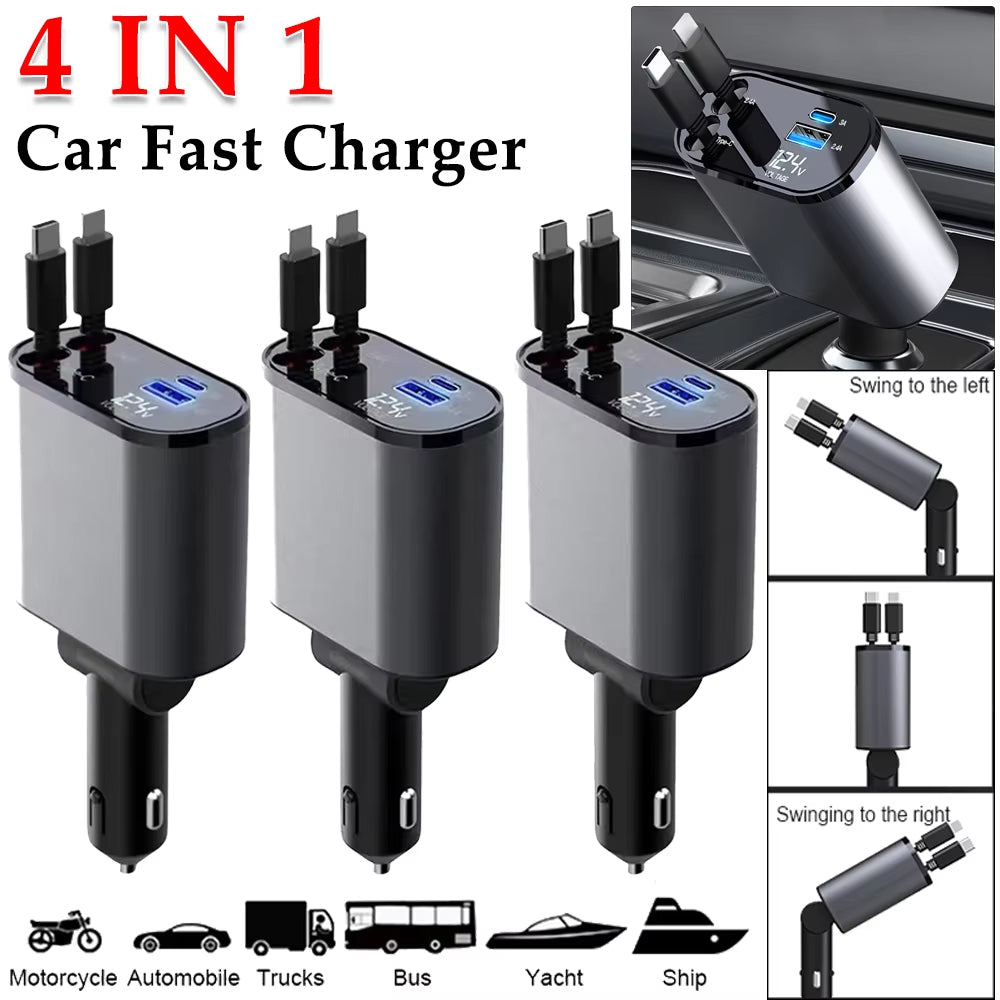 4 IN 1 Retractable Car Phone fast Charger 120W Car Charger USB C Cable