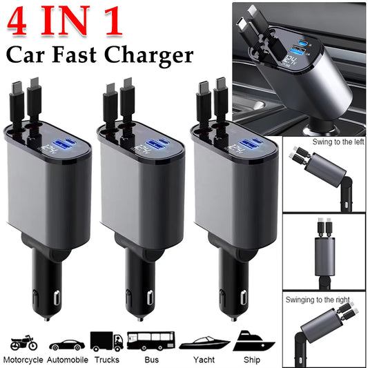 4 IN 1 Retractable Car Phone fast Charger 120W Car Charger USB C Cable