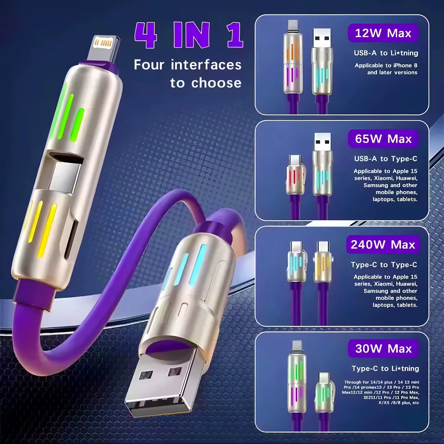 4 in 1 Data Cable 240W Fast Charging USB C Lightning Micro USB Type C Cable