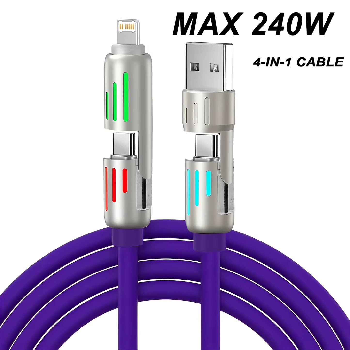 4 in 1 Data Cable 240W Fast Charging USB C Lightning Micro USB Type C Cable