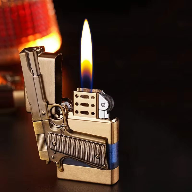 Metal Gas Pistol Shape Lighter Transparent Oil Tank Retro Grinding Wheel Cigar Windproof Lighter